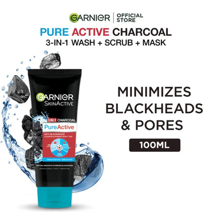 Garnier Skin Active 3-in-1 Charcoal Blackhead Face Wash Mask Scrub 100ml