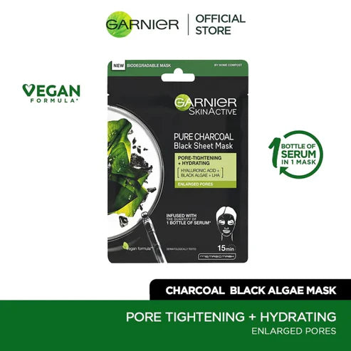 Pure Charcoal Hyaluronic Acid Black Algae Pore Tightening Sheet Mask