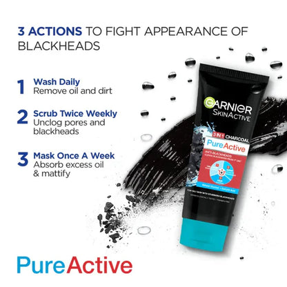 Garnier Skin Active 3-in-1 Charcoal Blackhead Face Wash Mask Scrub 100ml