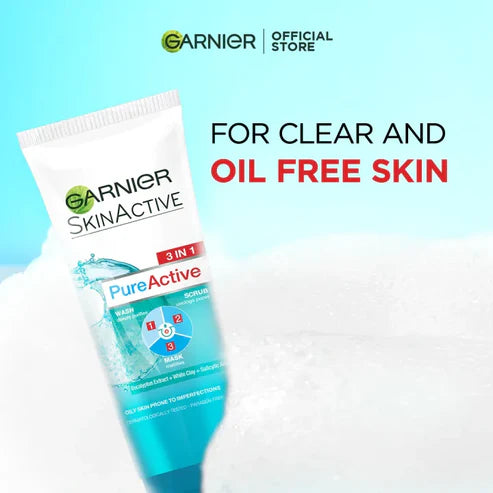 Garnier Skin Active 3-in-1 Clay Face Wash Mask Scrub 100ml