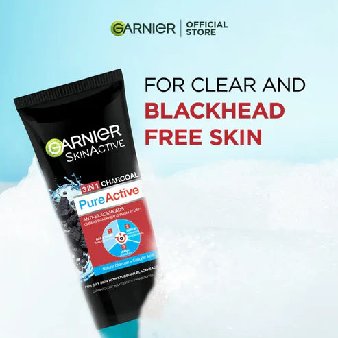 Garnier Skin Active 3-in-1 Charcoal Blackhead Face Wash Mask Scrub 100ml